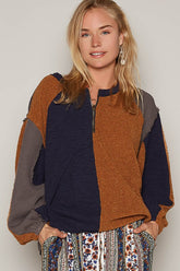POL Color Block Half Zip Dropped Shoulder Sweatshirt Terracotta OutfitFlow